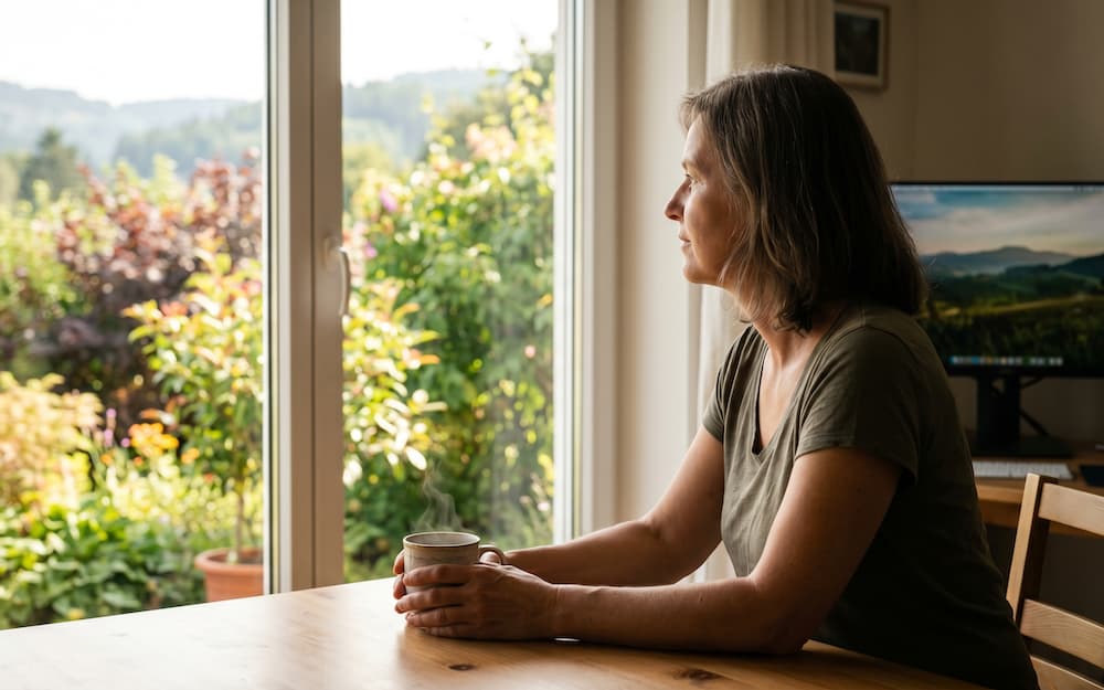 Eine nachdenkliche Frau sitzt am Tisch, blickt aus dem Fenster in einen grünen Garten und lässt die Gedanken zur Ruhe kommen.