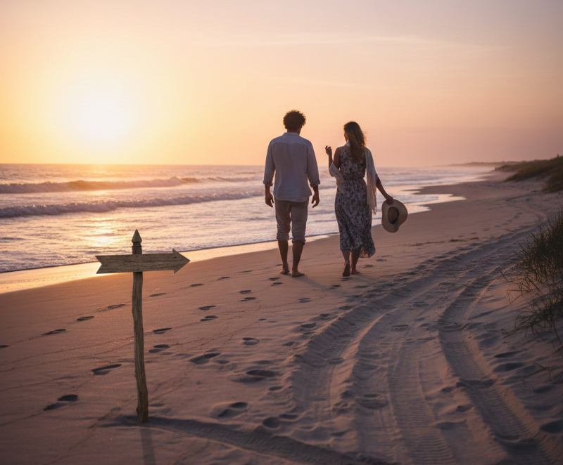 Ein Paar spaziert bei Sonnenuntergang an einem weitläufigen Strand entlang, im Vordergrund steht ein hölzerner Wegweiser als Symbol für gemeinsame Lebenswege und Abschnitte.