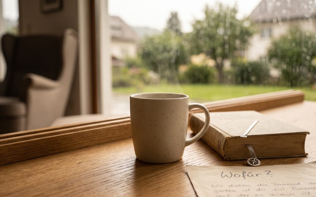 Achtsame Nahaufnahme auf einem Holzfensterbrett: Eine dampfende, handgetöpferte Kaffeetasse steht neben einem aufgeschlagenen, leeren Notizbuch mit einem Stift. Durch das regennasse Fenster ist ein unscharfer, tiefer Blick in einen ruhigen Garten zu sehen, in dem sich ein Weg im Grünen verliert. Die Atmosphäre ist ruhig und nachdenklich, ohne Text.