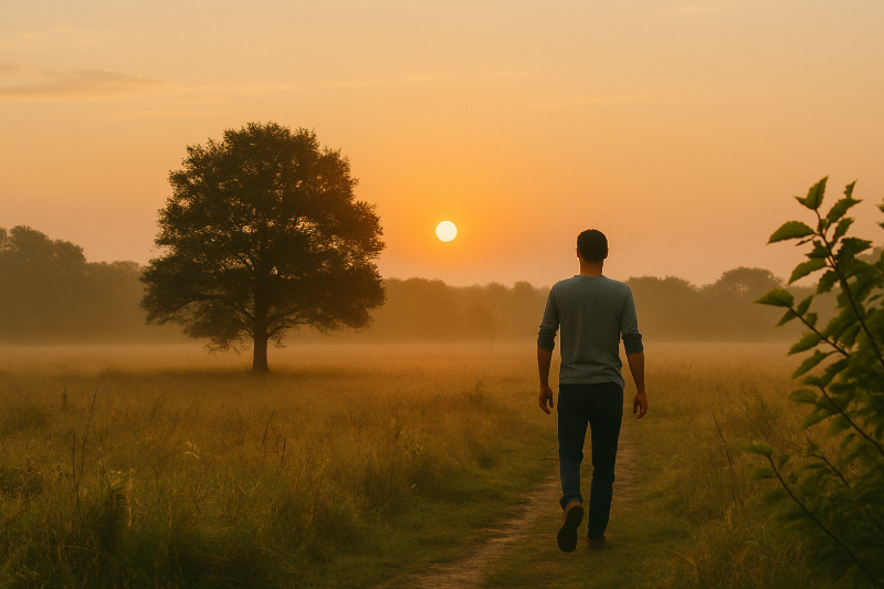 Mann läuft dem Sonnenuntergang entgegen