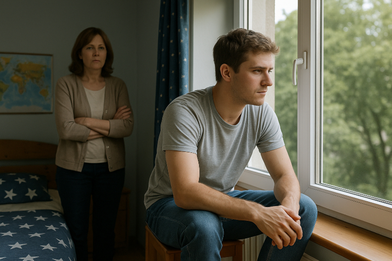 Ein junger Mann der aus dem Fenster sieht, hinter ihm seine Mutter mit verschränkten Armen, die ihn dabei beobachtet.