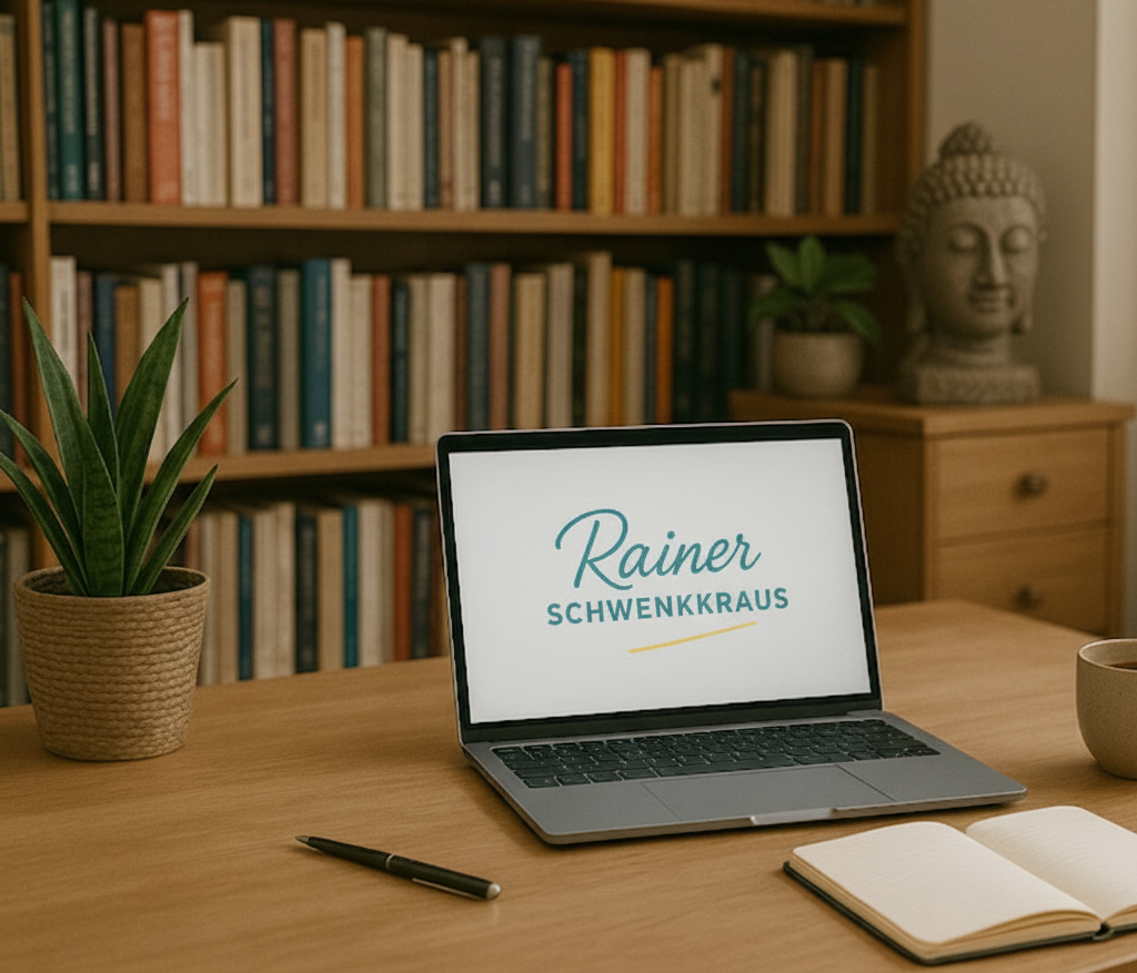 Rainer Schwenkkraus Online-Beratung Schreibtisch mit einem Laptop und einem Bücherregal im Hintergrund. Auf dem Laptop-Monitor ist das Logo von Rainer Schwenkkraus zu sehen.