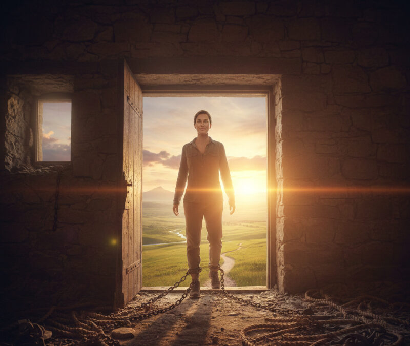 Eine Person steht in einer dunklen Steinhütte vor einer offenen Tür, die den Blick auf eine sonnige, weite Landschaft freigibt – Symbol für den Aufbruch und das Überwinden von inneren Blockaden.