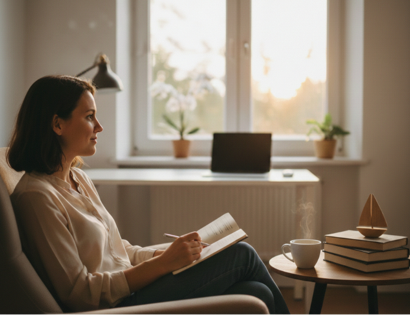 Eine Frau sitzt nachdenklich in einem hellen Raum in einem Sessel, schreibt in ein Notizbuch und blickt aus dem Fenster. Im Hintergrund ist ein Schreibtisch mit Laptop sichtbar – Symbolbild für Reflexion über Beruf und Berufung.