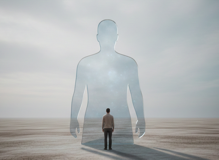 Symbolische Darstellung des existenziellen Vakuums: Eine Person steht in einer weiten, kargen Landschaft vor einer transparenten, menschlichen Silhouette, die den Blick auf den Sternenhimmel freigibt.