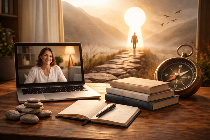 Laptop auf einem Holztisch mit laufender Online-Beratung, daneben Notizbuch, Bücher und Kompass in warm beleuchteter, ruhiger Umgebung.