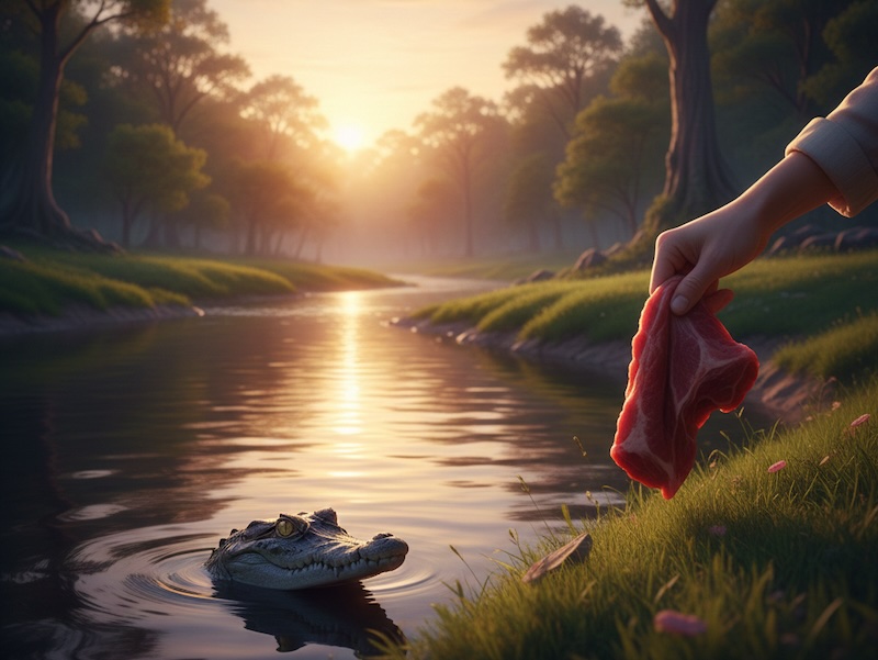 Eine Hand hält ein Stück Fleisch über ein ruhiges Flussufer, in dem ein kleines Krokodil schwimmt – eine Metapher für das Füttern negativer Gedanken.