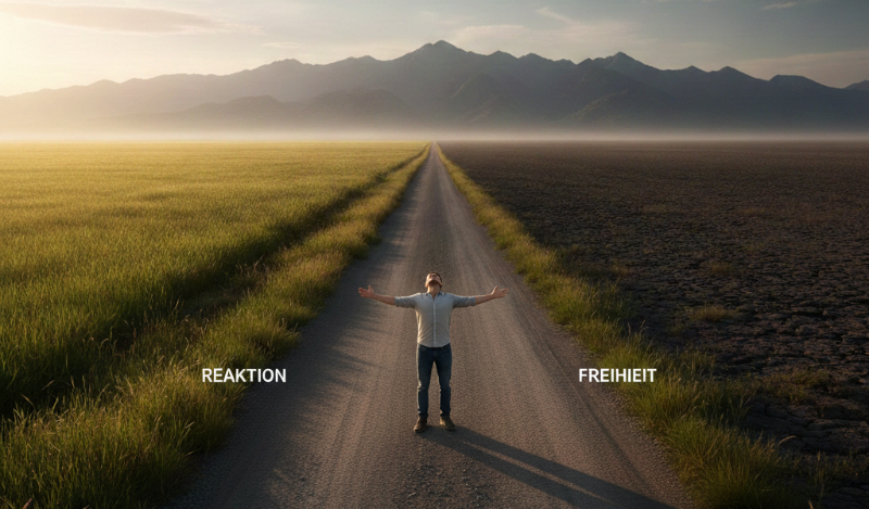 Ein realistisch dargestellter Mann steht ruhig auf einem Pfad zwischen einer stürmischen und einer friedlichen Landschaft, symbolisch für den Raum zwischen Reiz und Reaktion in der psychologischen Beratung.