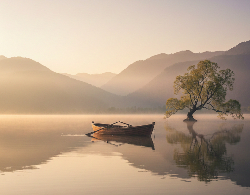 Ein einsames Holzboot ohne Ruderer treibt auf einem spiegelglatten See im Morgennebel, daneben ein einzelner Baum im Wasser. Eine Metapher für das Tao und Radikale Akzeptanz in der Onlineberatung von Rainer Schwenkkraus.