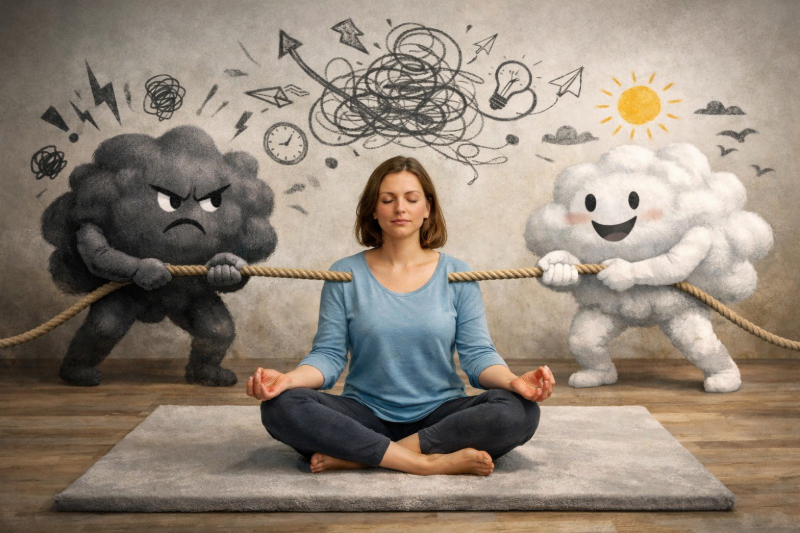 Meditierende Frau sitzt ruhig, während dunkle und helle Gedanken als Figuren ein Tauziehen um sie herum darstellen.