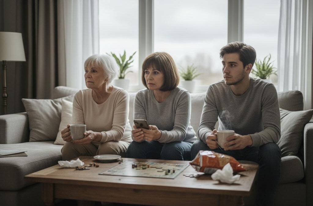 Drei Generationen einer Familie sitzen distanziert und nachdenklich auf einem Sofa im Wohnzimmer, während sie aneinander vorbeischauen und die emotionale Leere spürbar wird.