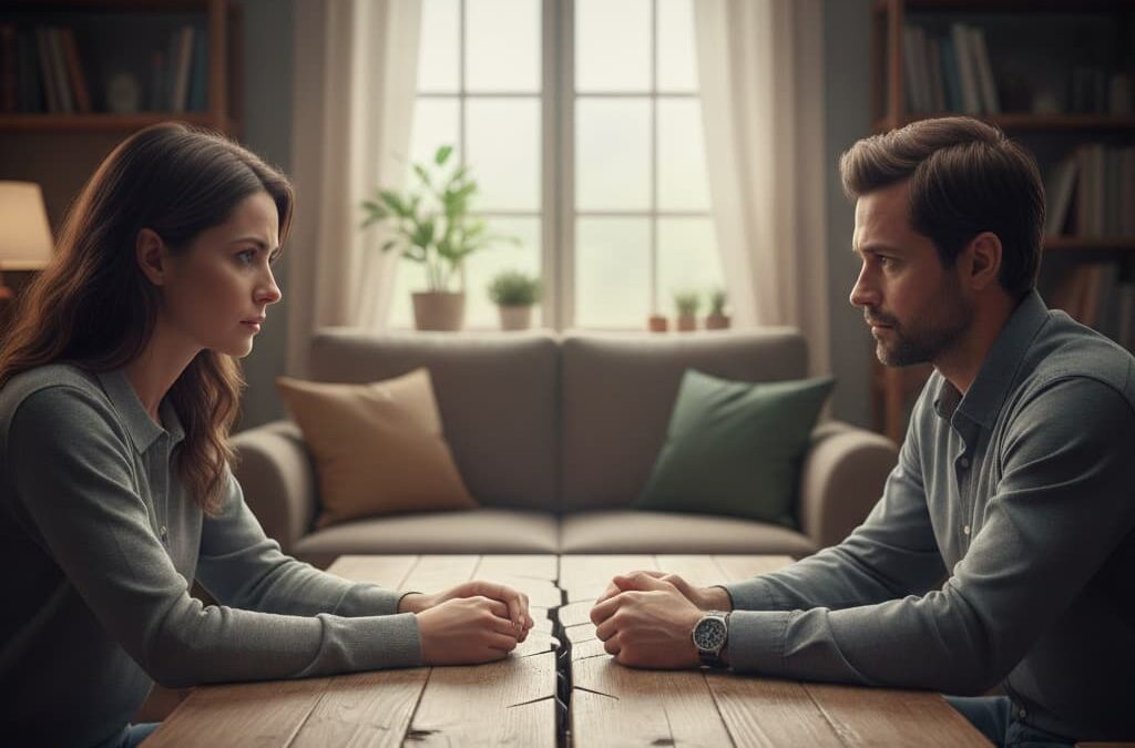 Ein Paar sitzt sich nachdenklich an einem massiven Holztisch gegenüber, der in der Mitte einen feinen Riss aufweist; symbolisch für die Herausforderungen und die Distanz in einer Partnerschaft.