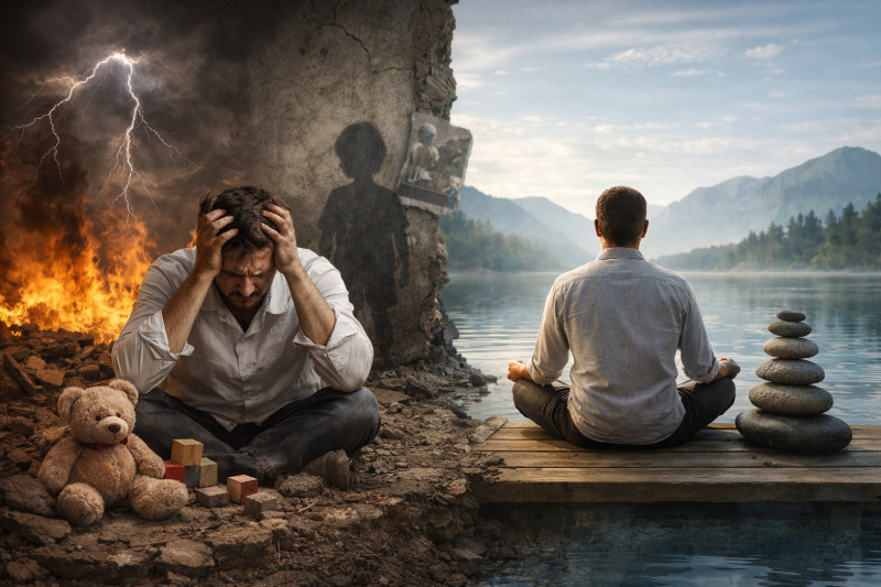 Zweiteiliges, realistisches Foto: Links sitzt ein erwachsener Mann angespannt auf dem Boden, den Kopf in den Händen, vor ihm ein Teddybär und Holzklötze. Rechts sitzt derselbe Mann ruhig und aufrecht in Meditationshaltung auf einem Steg an einem stillen See. Das Bild symbolisiert den Übergang von innerem Stress und alten Mustern zu Gelassenheit.