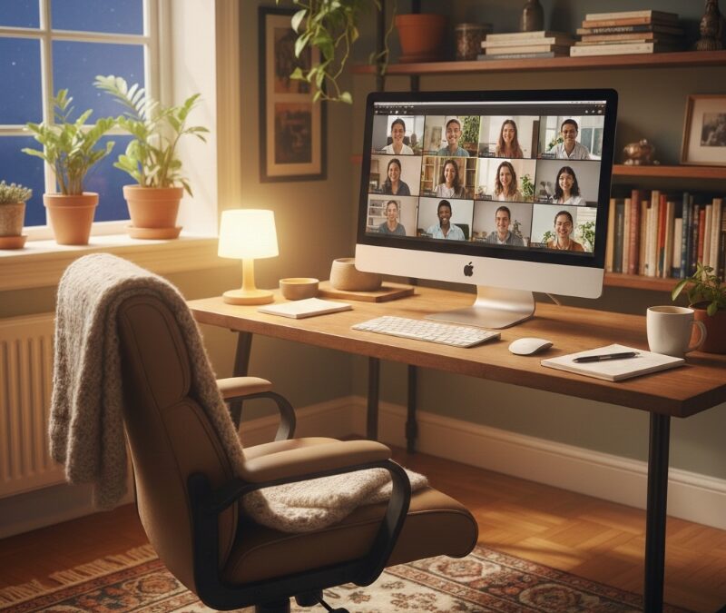 Zu sehen ist ein gemütlicher Schreibtisch am Abend mit einem Monitor. Darauf zu sehen Teilnehmer eines Online-Meetings.