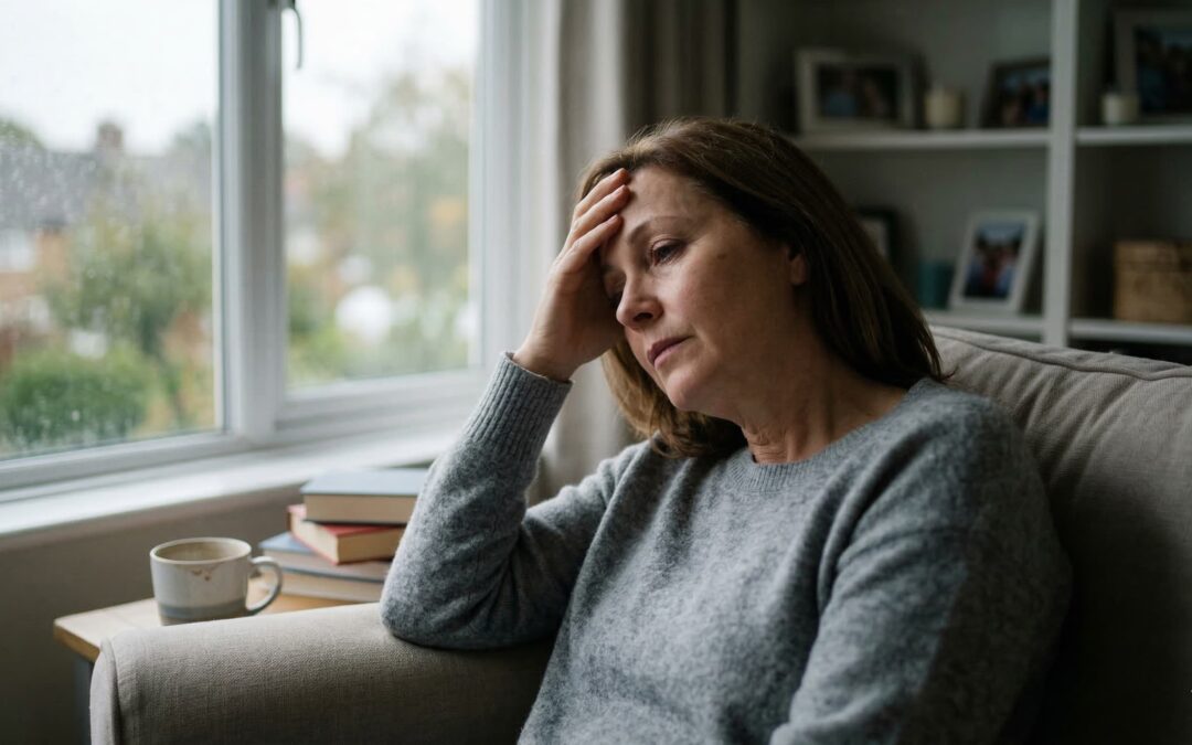 Eine nachdenkliche Frau sitzt erschöpft auf einem Sofa und blickt aus dem Fenster, im Hintergrund ein Schreibtisch – Symbolbild für emotionale Erschöpfung und die Suche nach Entlastung.