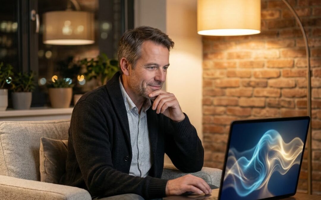 Ein Mann sitzt in einem warm beleuchteten Raum und hält ein Tablet in der Hand, auf dem eine abstrakte, compassionate leuchtende KI-Form zu sehen ist. Sein Gesicht wird zur Hälfte vom warmen Raumlicht und zur Hälfte vom blauen Licht des Screens beleuchtet, was die Interaktion zwischen Mensch und Maschine symbolisiert.