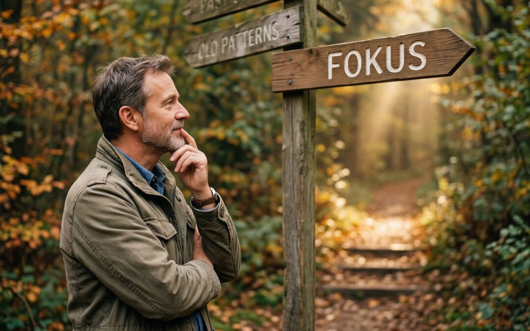 Ein Mann steht nachdenklich an einer Weggabelung im Herbstwald. Ein gezielter Lichtstrahl beleuchtet einen Wegweiser mit der Aufschrift 'FOKUS', während unzählige andere Pfade im nebligen Hintergrund als unklare Möglichkeiten verblassen. Die Szene symbolisiert den Beobachter-Effekt und die bewusste Wahl, Realität durch Aufmerksamkeit zu gestalten, ohne esoterische Elemente.