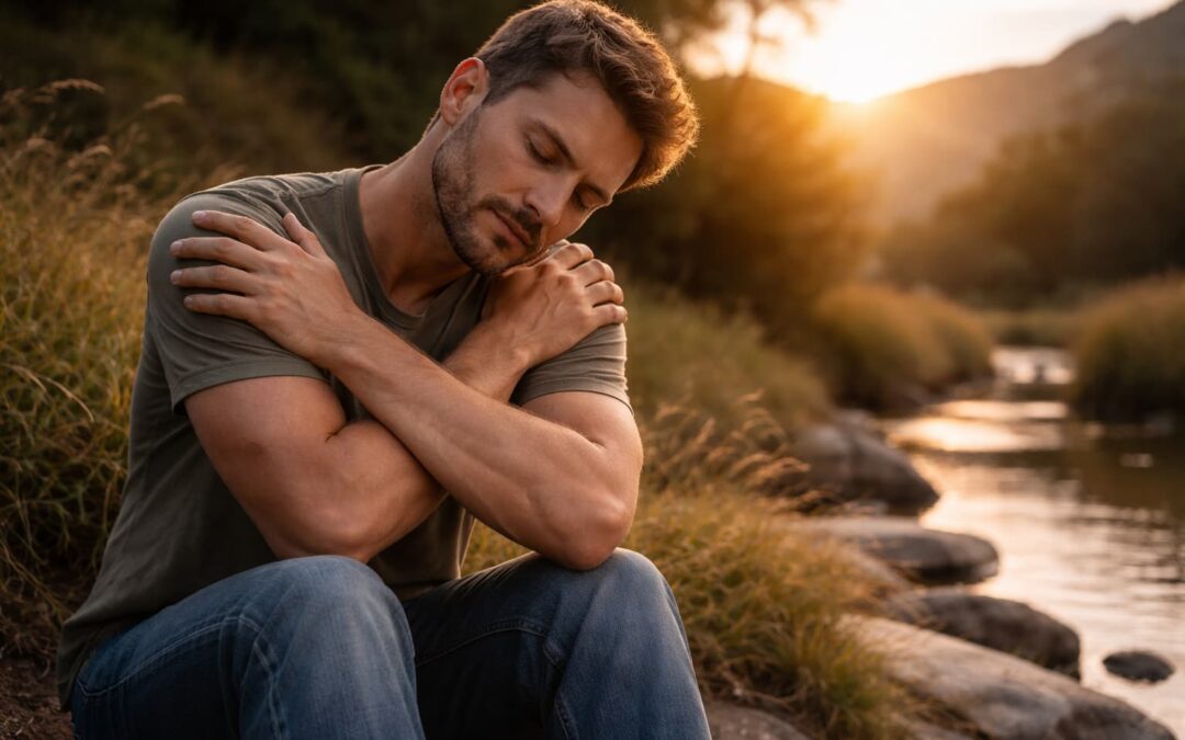 Nachdenklicher Mann sitzt am Fluss bei Sonnenuntergang und hält sich selbst umarmend – Symbol für Selbstmitgefühl statt harter Selbstkritik.