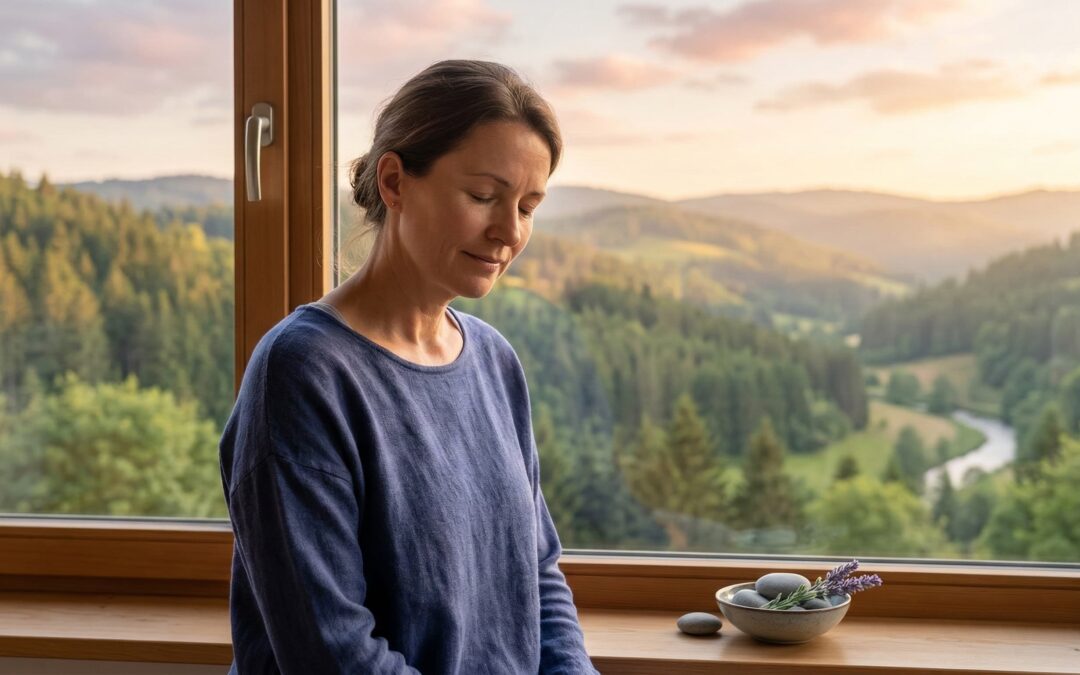 Eine entspannte Frau sitzt mit geschlossenen Augen vor einem Fenster mit Blick auf ein Schwarzwald-Tal und reguliert ihren Vagusnerv durch ruhige Atmung.