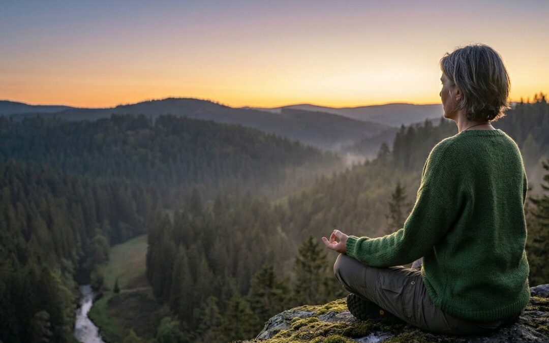Eine Person sitzt meditierend auf einem moosbewachsenen Felsen und blickt über eine weite, neblige Waldlandschaft im Abendlicht – ein Symbol für die tiefe Verbundenheit mit der Natur als Mittel gegen Einsamkeit.