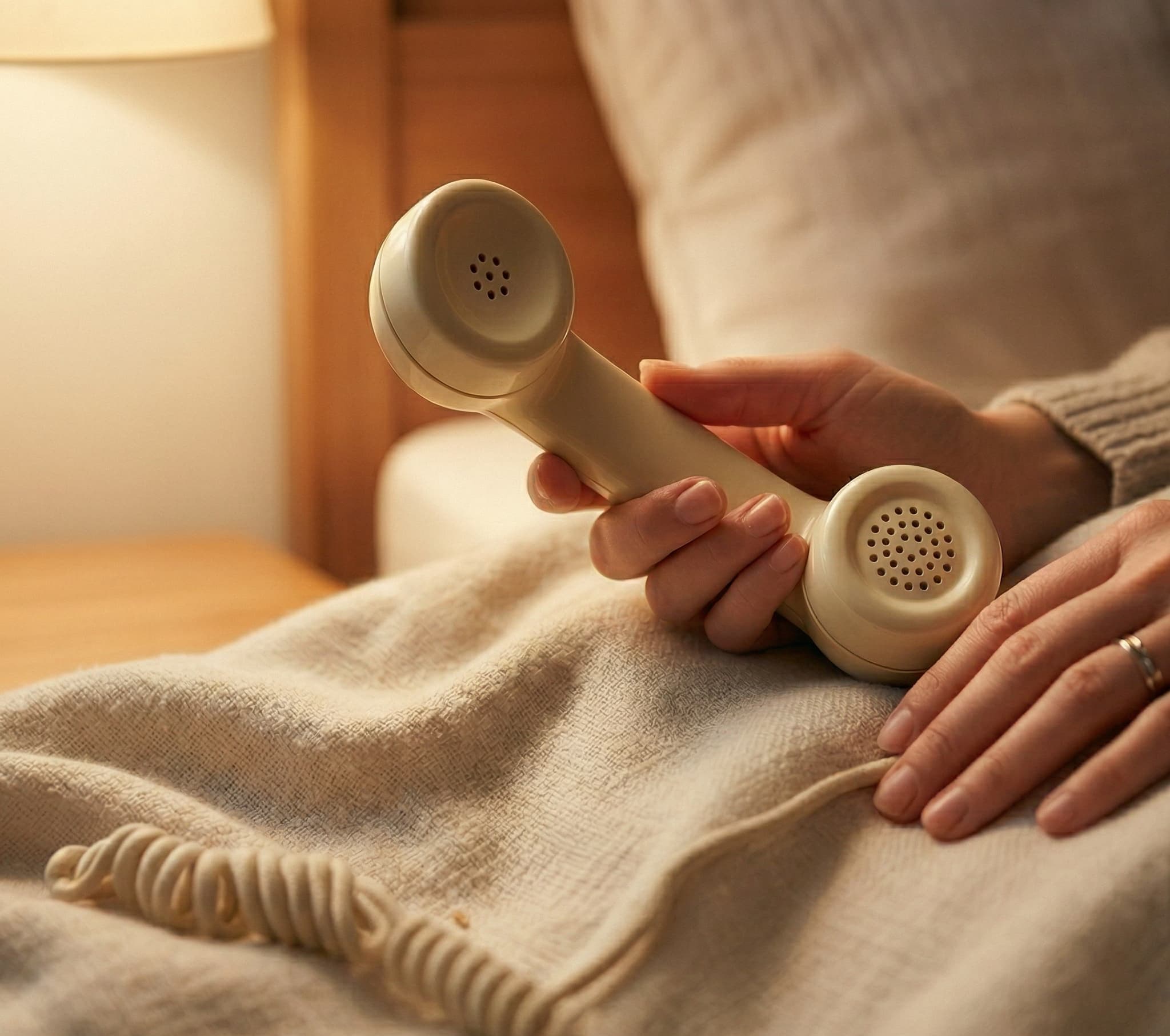 Das Bild zeigt eine Frauenhand mit einem Telefonhörer in der Hand.
