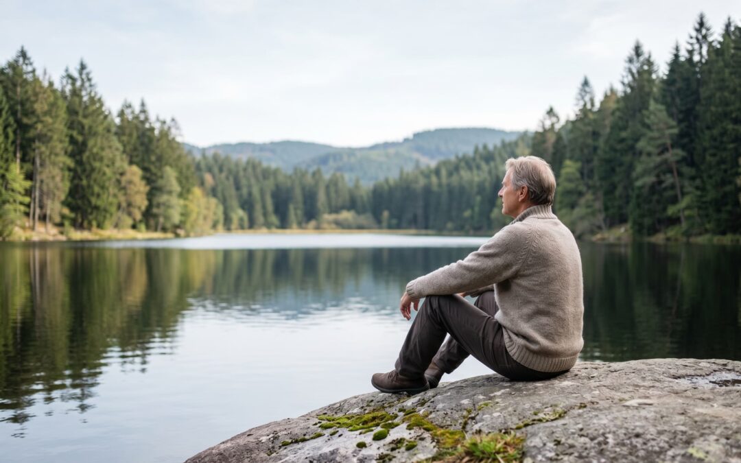 Ein Mann sitzt ruhig auf einem Felsen an einem stillen Bergsee im Wald und verkörpert das Verweilen im Hier und Jetzt ohne gesellschaftlichen Leistungsdruck.