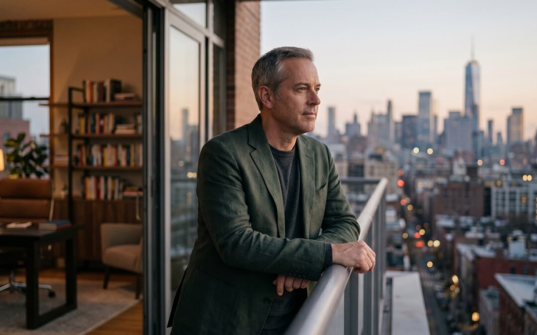 Eine nachdenkliche Führungskraft steht nach einem Online-Coaching auf einem Balkon und blickt über die Stadt – Sinnbild für neue Klarheit und Souveränität.