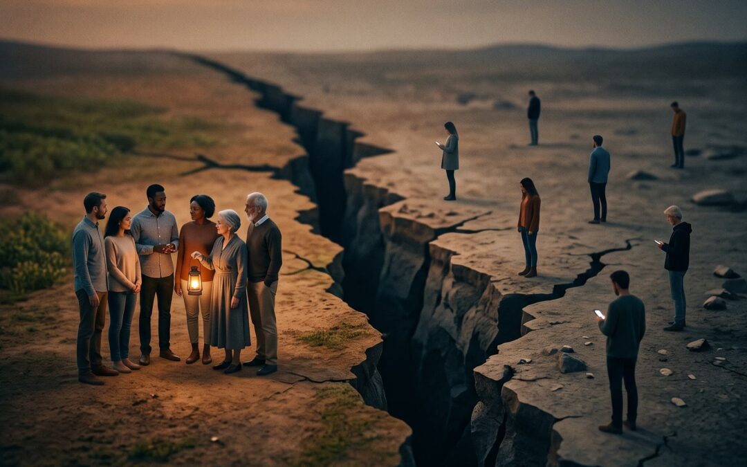 Symbolbild zur gesellschaftlichen und zwischenmenschlichen Spaltung: Eine Gruppe von Menschen steht an einem tiefen Erdriss, während auf der anderen Seite einzelne Personen isoliert auf ihre Smartphones schauen.