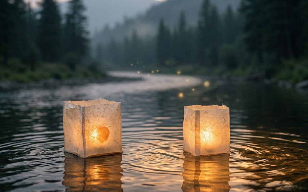 Eine brennende Papierlaterne schwimmt ruhig auf einem dunklen Fluss, getragen von der Strömung, und beleuchtet sanft das Wasser. Das Bild symbolisiert den psychologischen Unterschied zwischen dem Gesetz der Resonanz (The Secret) und dem taoistischen Prinzip Wu Wei.