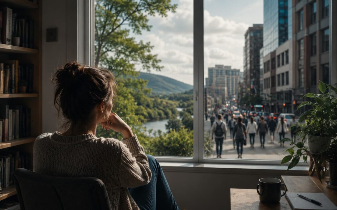 Person blickt auf Natur und Stadt als Sinnbild für unterschiedliche Wahrnehmungen der Realität.