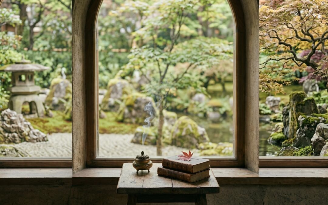 Ein ruhiger Raum mit Blick durch ein Bogenfenster in einen japanischen Zen-Garten; auf einem Holztisch liegen alte Bücher und ein rauchendes Räuchergefäß – Symbol für psychologische Klärung und Stressregulation.