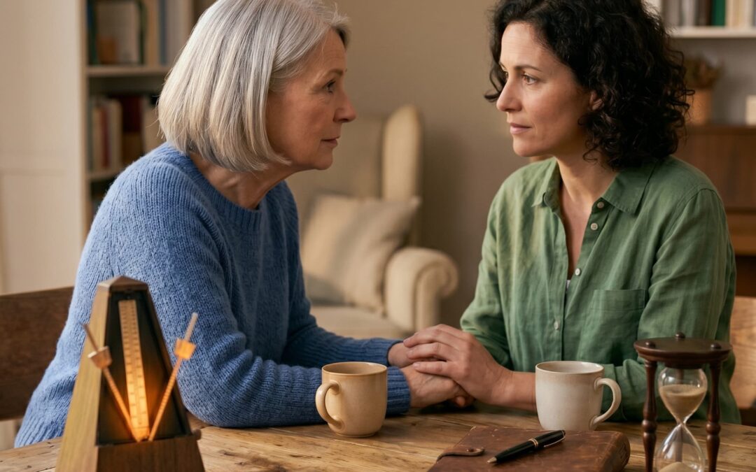 Zwei Frauen sitzen sich in einem warm beleuchteten Raum an einem Holztisch gegenüber und halten sich einfühlsam an den Händen. Auf dem Tisch stehen ein Metronom, eine Sanduhr und zwei Tassen Kaffee, was den Kontrast zwischen Zeitdruck und achtsamem Zuhören symbolisiert.