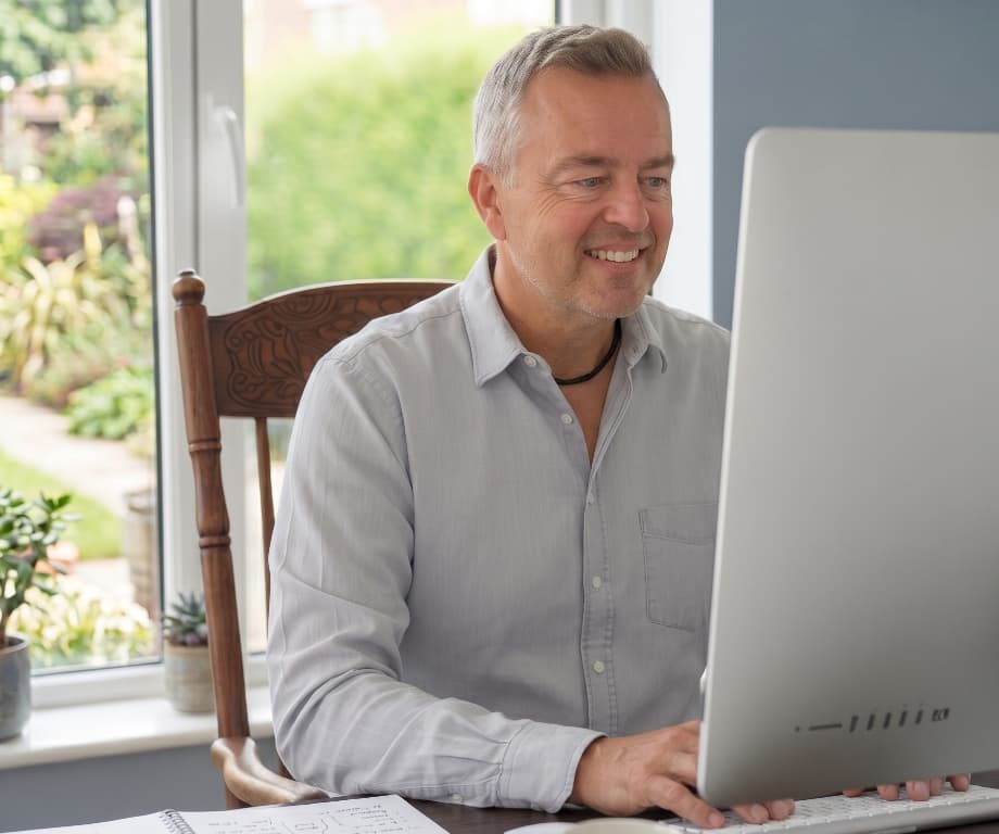 Rainer Schwenkkraus am Computer, beim Schreiben eines neuen Blogbeitrags.