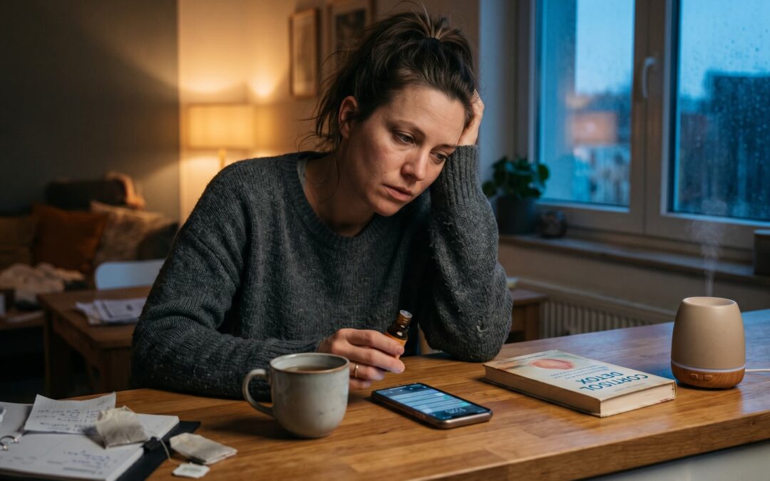 Sichtlich erschöpfte Frau an einer Holzküchentheke am Abend, hält ein kleines Fläschchen ätherisches Öl. Vor ihr stehen eine Tasse, ein Smartphone, ein dampfender Aroma-Diffusor und ein Buch.
