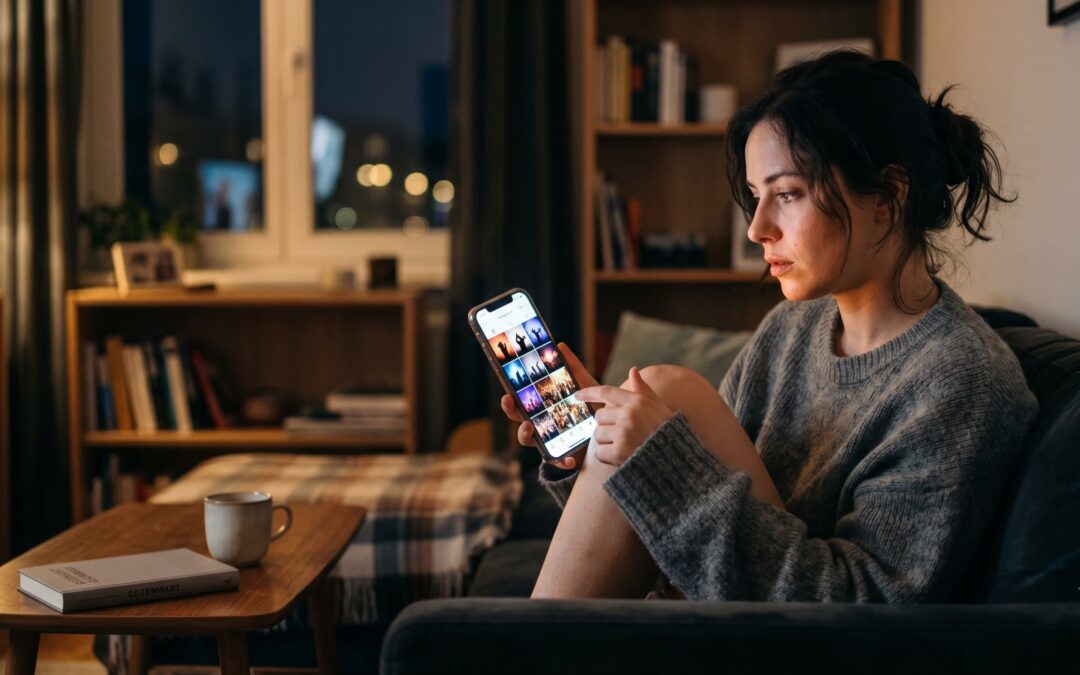 Eine junge Frau im grauen Pullover sitzt abends allein auf der Couch und blickt nachdenklich auf ihr leuchtendes Smartphone-Display. Sie scrollt durch bunte Social-Media-Fotos, während im Hintergrund ein Fenster mit Stadtlichtern zu sehen ist.