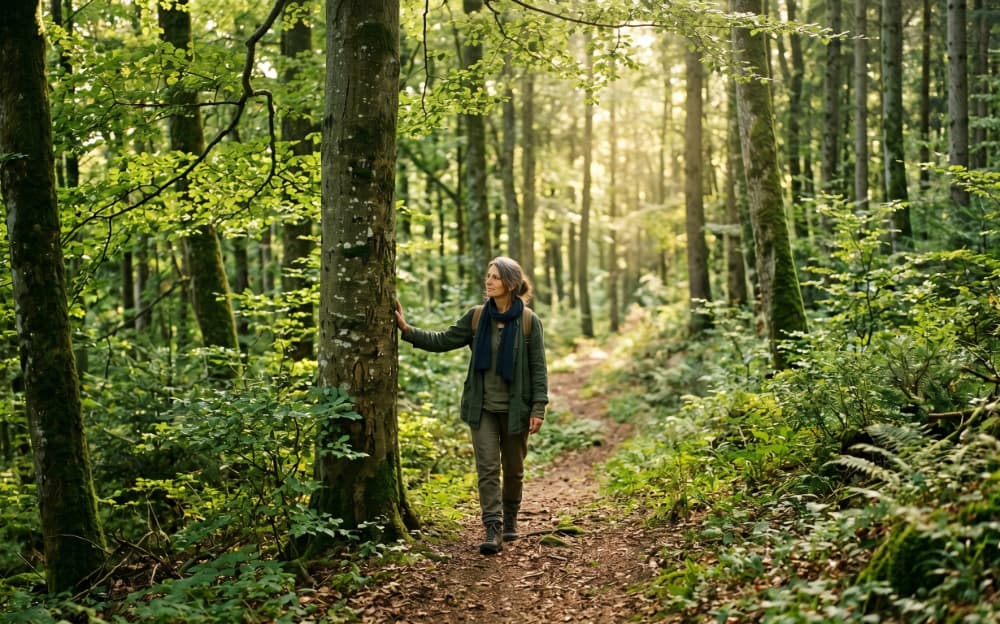 Eine Frau geht achtsam auf einem Waldweg spazieren und berührt sanft den Stamm einer Buche. Das Sonnenlicht fällt durch die grünen Blätter – Symbol für die heilsame Wirkung des Waldes auf die Psyche.