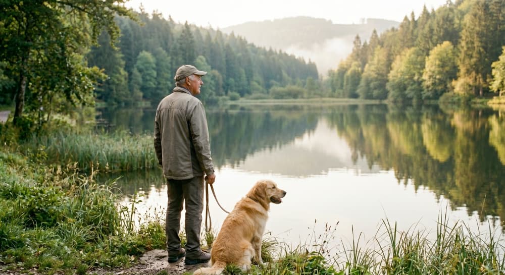 Ein älterer Mann mit einer Kappe steht von hinten fotografiert mit seinem Golden Retriever an einem ruhigen, von Bäumen umgebenen Weiher und blickt nachdenklich auf das spiegelglatte Wasser.