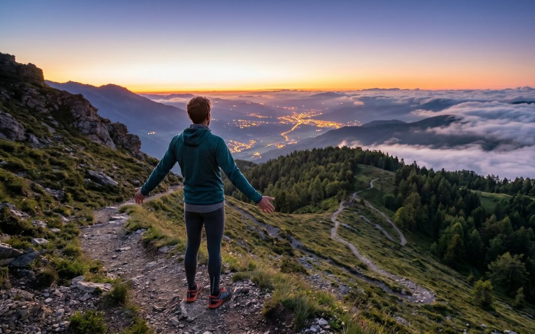 Eine Wanderer steht von hinten betrachtet auf einem felsigen Bergpfad und blickt mit ausgebreiteten Armen auf eine weite Landschaft mit Wolken und einem fernen Tal bei Sonnenaufgang.