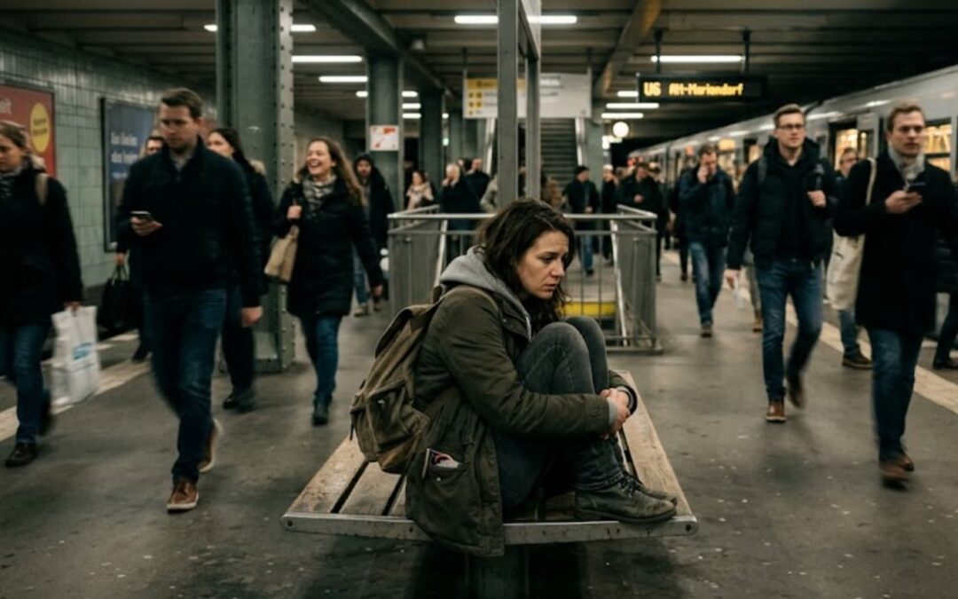Eine in sich gekehrte, sichtlich erschöpfte und besorgte Frau sitzt mit angezogenen Beinen auf einer Holzbank in einer belebten U-Bahn-Station. Während um sie herum Menschen hastig vorbeigehen und in Smartphones blicken, wirkt sie isoliert und vom Trubel entfremdet. Das Bild vermittelt ein Gefühl von Einsamkeit, Angst und dem Verlust von Verbundenheit im hektischen Alltag.