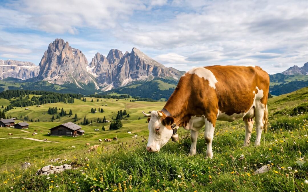 Eine braun-weiße Kuh grast friedlich auf einer saftig grünen Almwiese in Südtirol vor der imposanten Bergkulisse der Dolomiten.