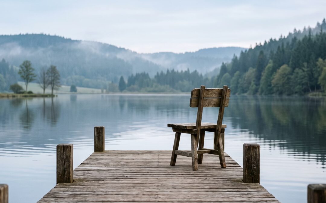 Ein leerer Holzstuhl steht auf einem Steg am ruhigen Meer im sanften Licht des Sonnenaufgangs.
