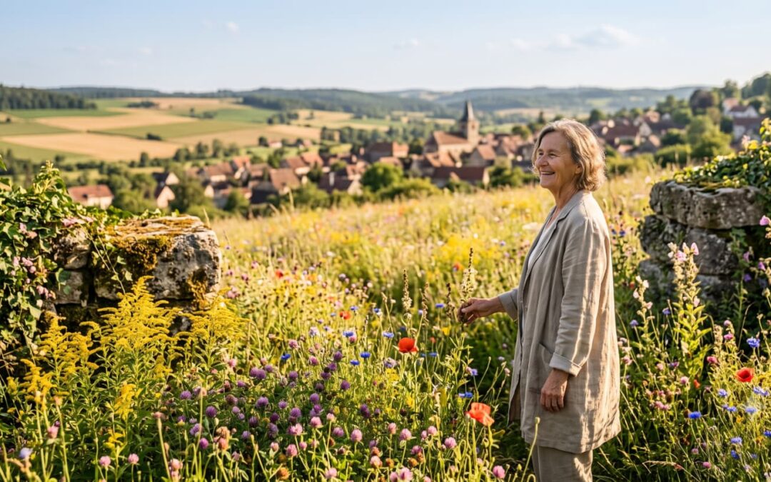 Eine lächelnde Frau steht auf einer bunten Blumenwiese und blickt entspannt in die weite Landschaft, als Symbol für ein unbeschwertes Leben.