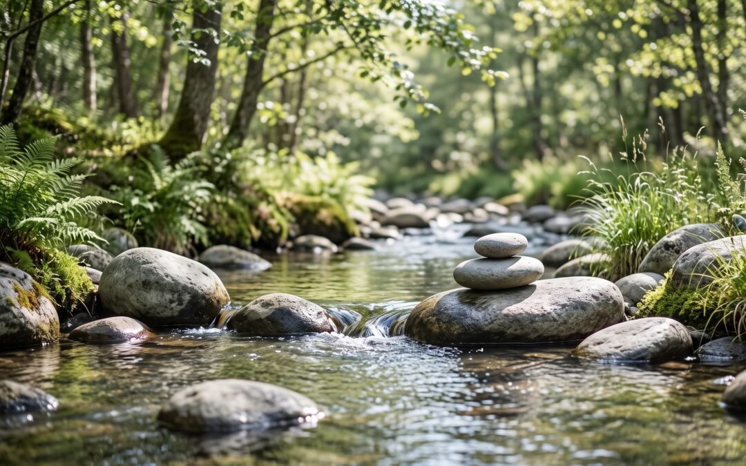 Naturfotografie eines klaren Baches, der sanft um glatte, runde Flusssteine fließt. Ein Symbol für das Wu-Wei Prinzip des mühelosen Handelns und des Loslassens.