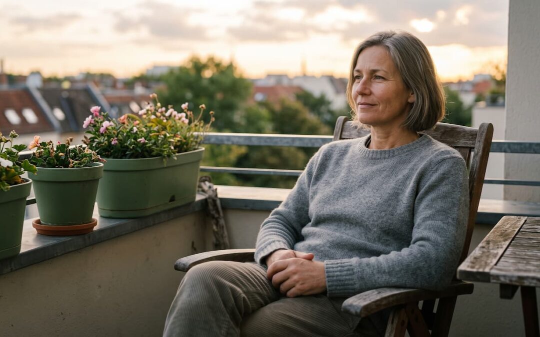 Eine Frau sitzt entspannt und nachdenklich in einem Holzstuhl auf einem Balkon während des Sonnenuntergangs über einer Stadt, symbolisch für psychologische Auszeit.