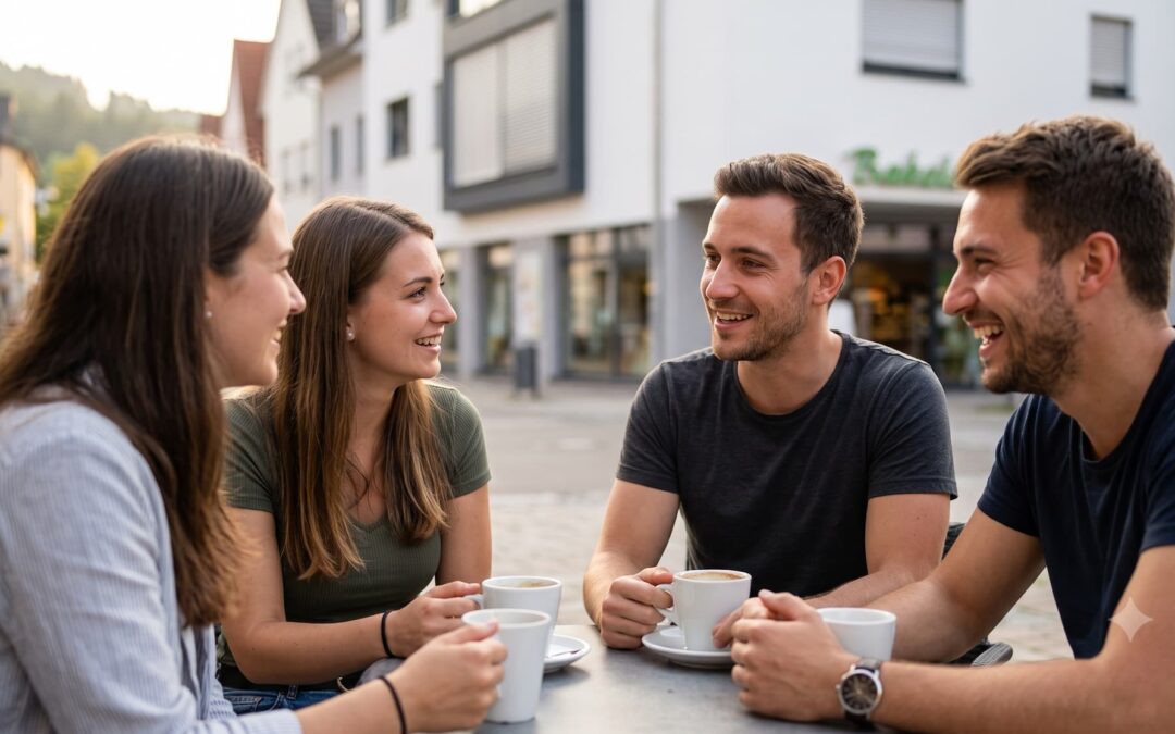 Vier junge Erwachsene sitzen entspannt in einem Außenbereich zusammen, trinken Kaffee und unterhalten sich lächelnd auf Augenhöhe.