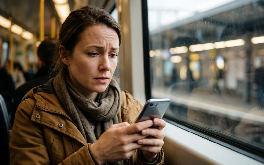 Eine nachdenkliche Frau im Zug schaut bewegt auf ihr Smartphone-Display, auf dem sie eine emotionale Nachricht liest.