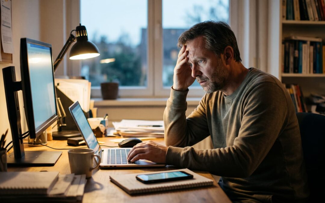 Ein erschöpfter Mann sitzt abends nachdenklich am Schreibtisch vor seinem Laptop und hält sich die Stirn – Sinnbild für ein überreiztes Nervensystem im dauerhaften Alarmmodus.